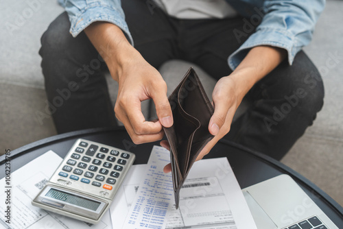 Bild auf Leinwand Debt financial concept, stressed problem people asian man, male hand open empty