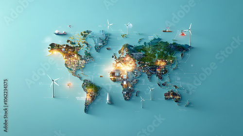 Global map illustration showcasing renewable energy sources and cities