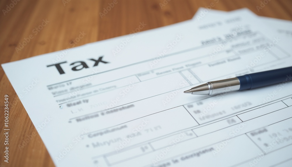 Tax forms and pen on wooden desk, ready for filling out personal financial information Tax forms and pen on wooden desk, ready for filling out personal financial information