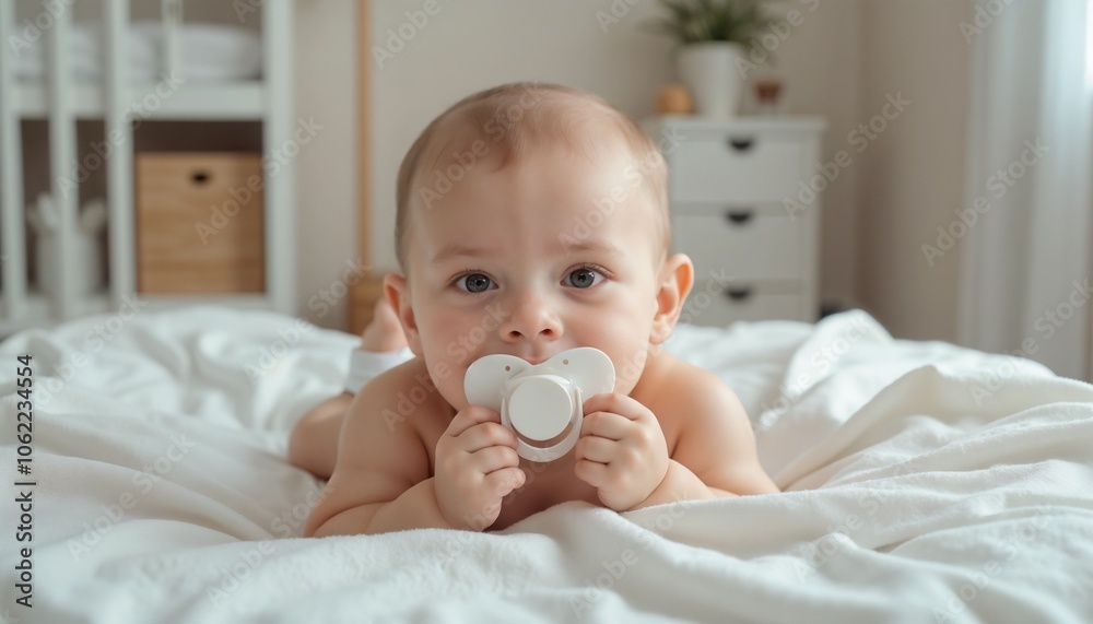 Newborn baby lying on stomach with pacifier in mouth on soft bedspread in bright nursery Newborn baby lying on stomach with pacifier in mouth on soft bedspread in bright nursery