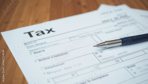 Tax forms and pen on wooden desk, ready for filling out personal financial information 