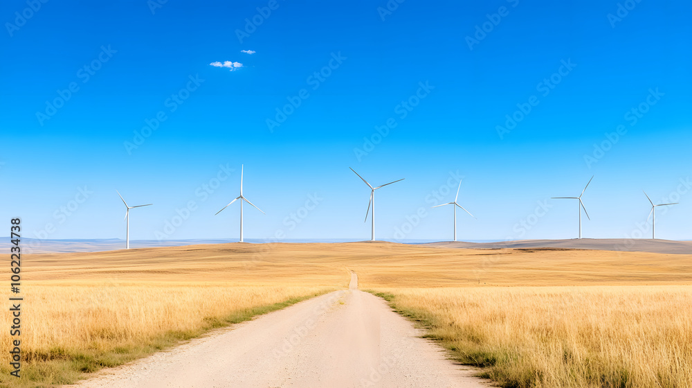 High resolution image of wind turbines on rural road under blue sky High resolution image of wind turbines on rural road under blue sky