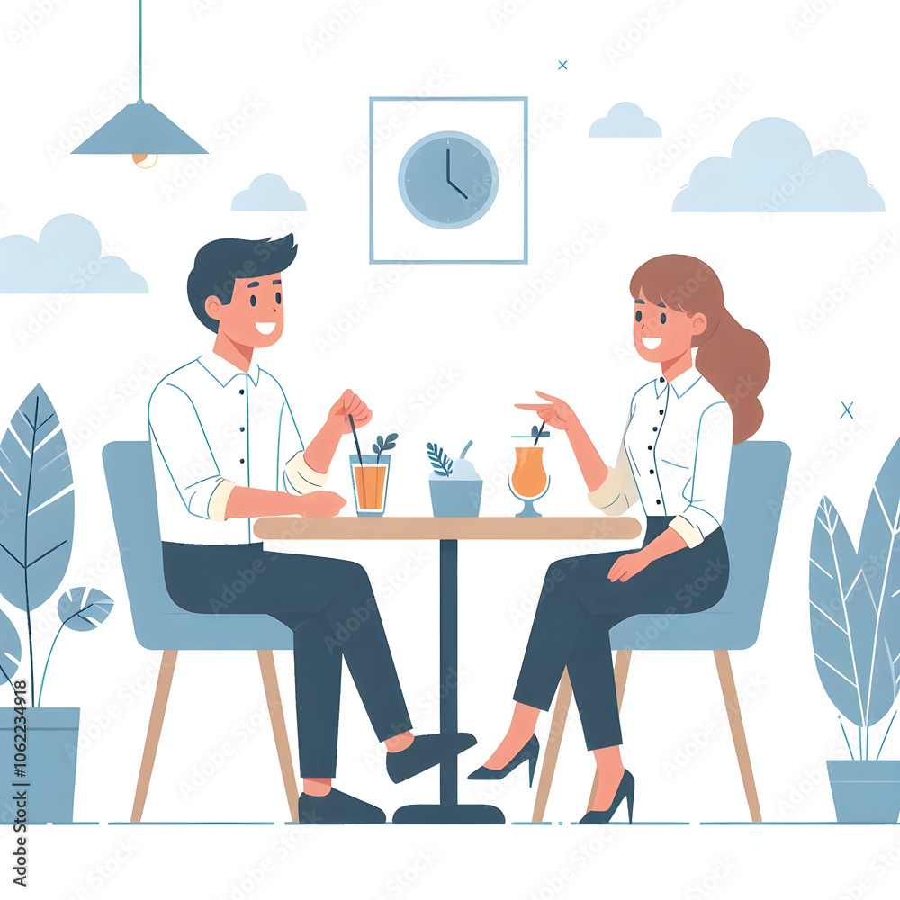 Two coworkers relax at a cafe table, sipping drinks and chatting during a work break