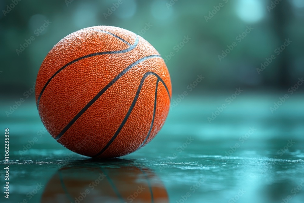 A vibrant basketball resting on a gym floor during a calm afternoon practice session A vibrant basketball resting on a gym floor during a calm afternoon practice session
