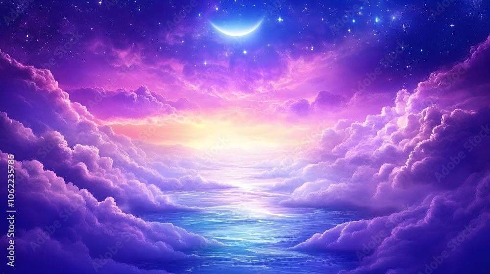 A psychedelic sky with purple and blue clouds, swirling patterns of stars, and an eclipse in the background A psychedelic sky with purple and blue clouds, swirling patterns of stars, and an eclipse in the background