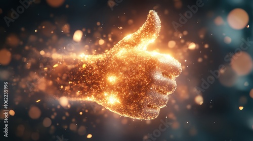 Glittering hand gesture representing approval or positivity with sparkling particles in a dark backdrop 