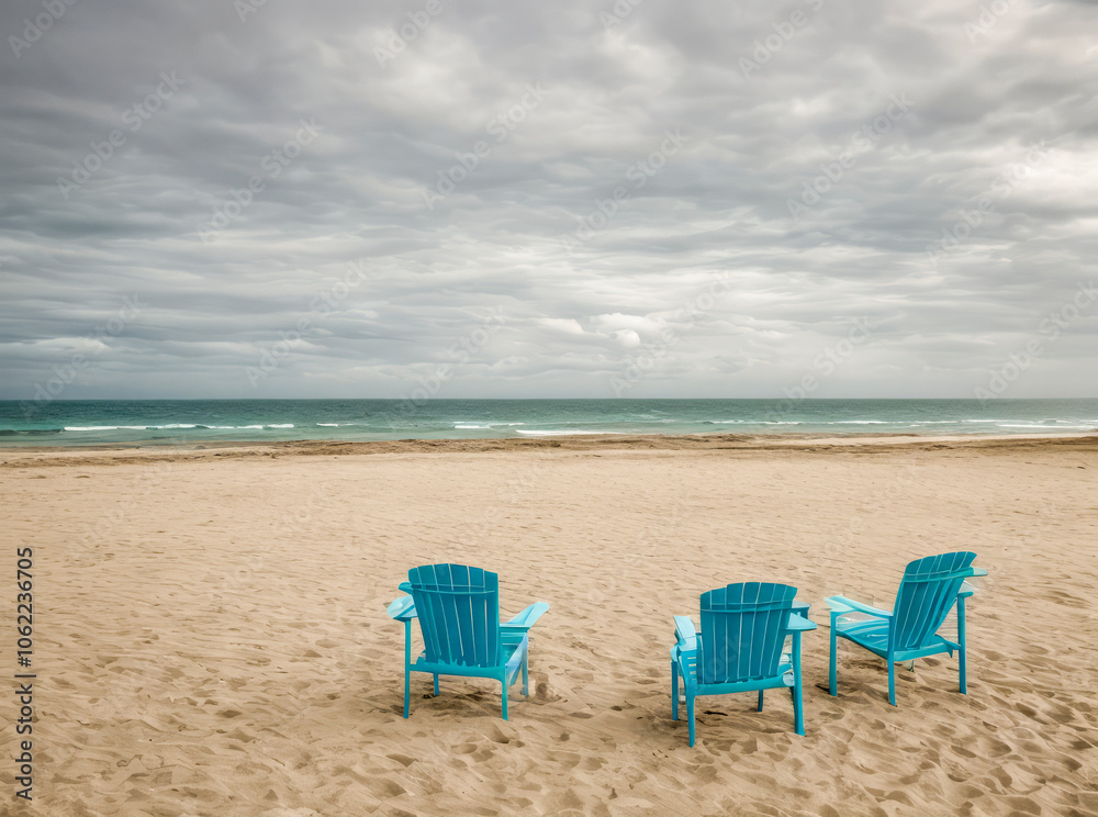 Three empty blue chairs on a deserted beach under an overcast sky, facing the calm ocean. Three empty blue chairs on a deserted beach under an overcast sky, facing the calm ocean.
