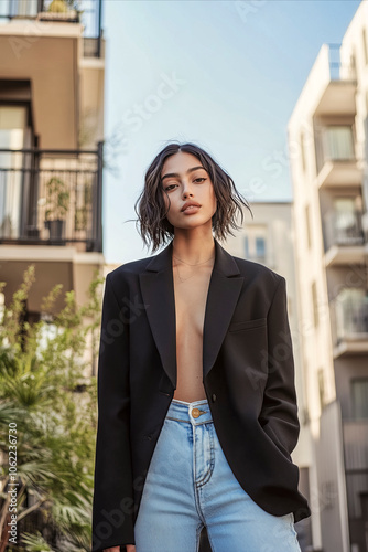 Stylish young woman in black blazer and jeans, posing confidently in an urban setting