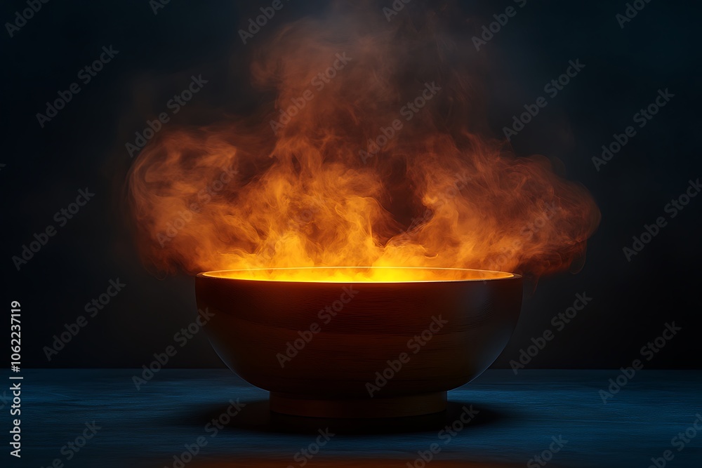 A wooden bowl releasing warm, inviting steam in a dimly lit setting. A wooden bowl releasing warm, inviting steam in a dimly lit setting.