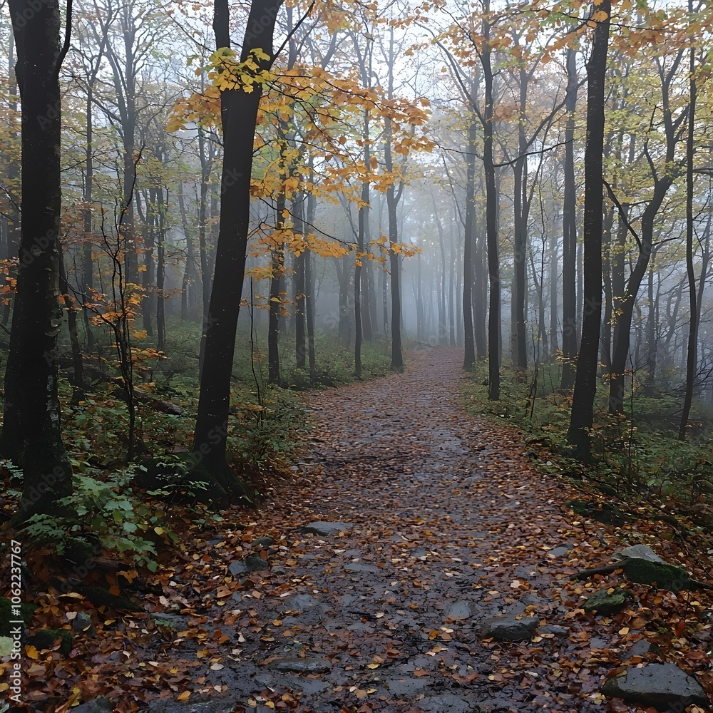 Obraz premium A serene autumn forest path surrounded by tall trees with yellow and orange leaves, enveloped in mist, creating a calm and mysterious atmosphere.