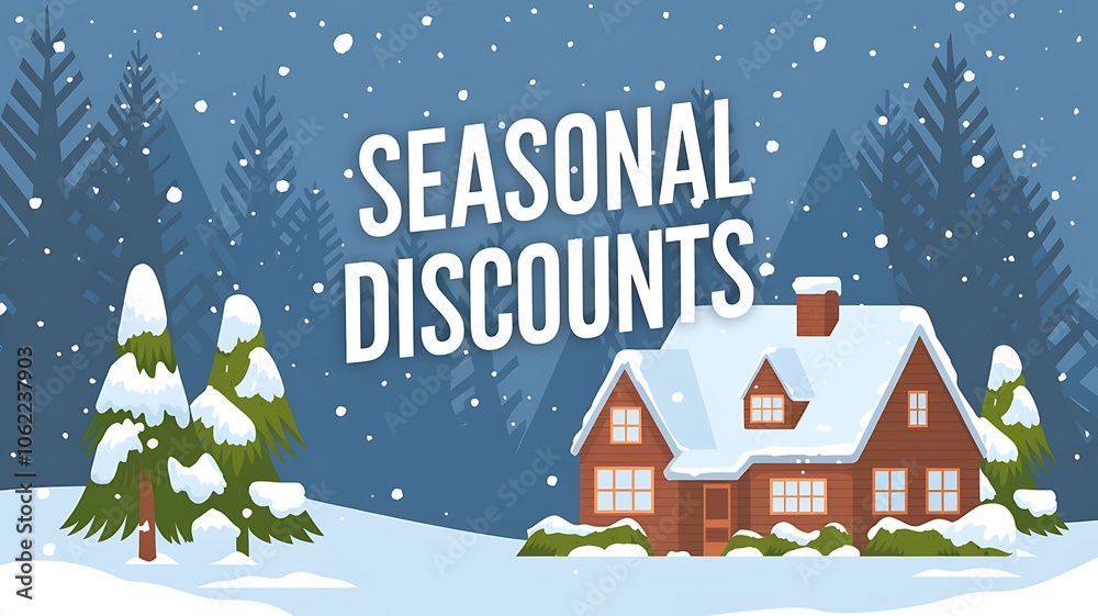 Fototapeta premium A Snowy Cabin With Pine Trees in a Winter Forest With Seasonal Discounts Text