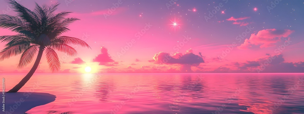 Pink sunset, pink sky with stars, beach scene with palm trees and water, vaporwave aesthetic Pink sunset, pink sky with stars, beach scene with palm trees and water, vaporwave aesthetic