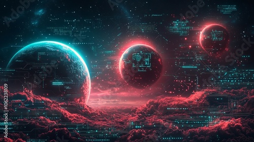 Futuristic Digital Space Landscape with Planets and Data Overlays