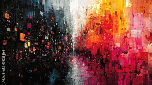 Abstract Digital Cityscape Reflecting Vibrant Colors and Urban Energy in a Pixelated Art Style