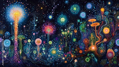 Vibrant Cosmic Landscape: Abstract Neon Microorganisms and Ethereal Galactic Patterns Illuminate the Night Sky