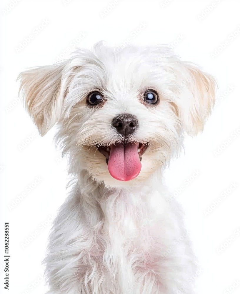 An isolated rendering of a smiling maltipool maltese poodle puppy, white with brown markings An isolated rendering of a smiling maltipool maltese poodle puppy, white with brown markings