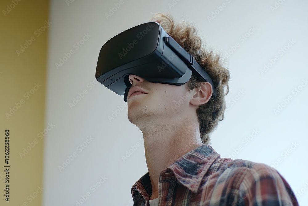 Young Man Experiencing Virtual Reality with Headset