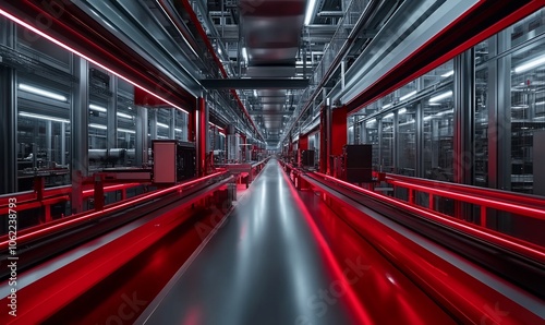 An empty industrial corridor with red lighting.