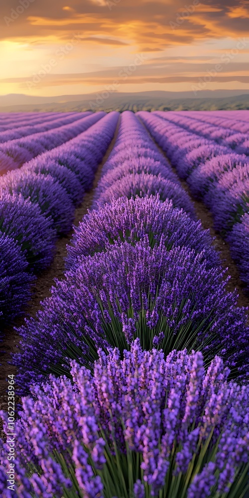 Obraz premium A breathtaking view of a vast lavender field at sunset, showcasing vibrant purple flowers in neat rows, creating a serene and tranquil atmosphere.