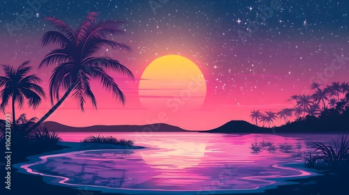 Pink sunset, pink sky with stars, beach scene with palm trees and water, vaporwave aesthetic