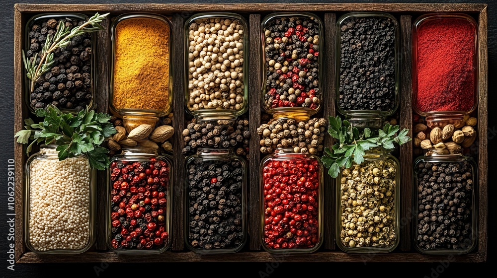 Spices such as peppercorns, paprika and others arranged display Spices such as peppercorns, paprika and others arranged display