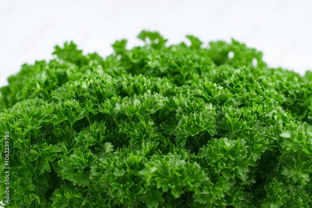 Obraz premium Fresh Green Parsley Leaves Close-Up on White Background