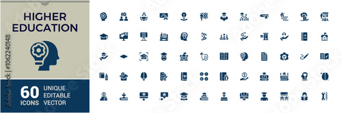 Education icons set in solid style. Includes icons for academic, graduation, university, college, teaching, knowledge, scholarship, training. Filled icons pack. Editable vector illustration.