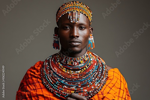 Portrait of a Maasai man adorned in traditional beaded jewelry