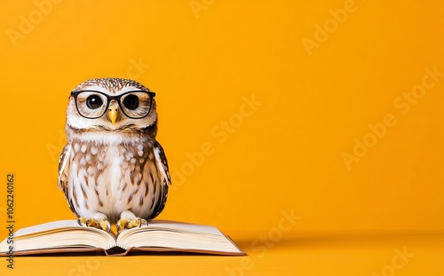 Wallpaper Mural An owl wearing glasses sits on an open book against a vibrant orange background, symbolizing wisdom and knowledge. Torontodigital.ca