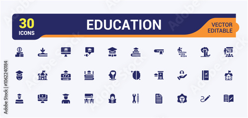 Set of Education solid icons. Includes flat solid college, scholarship, university, knowledge, training and more. Perfect for logos and infographics. Editable vector icon and illustration.