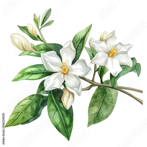 A watercolor vector of Jasmine flower, isolated on a white background.
