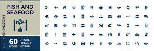 Fish and seafood solid icons set. Filled web symbol bundel. Outline icons collection. Simple vector illustration.