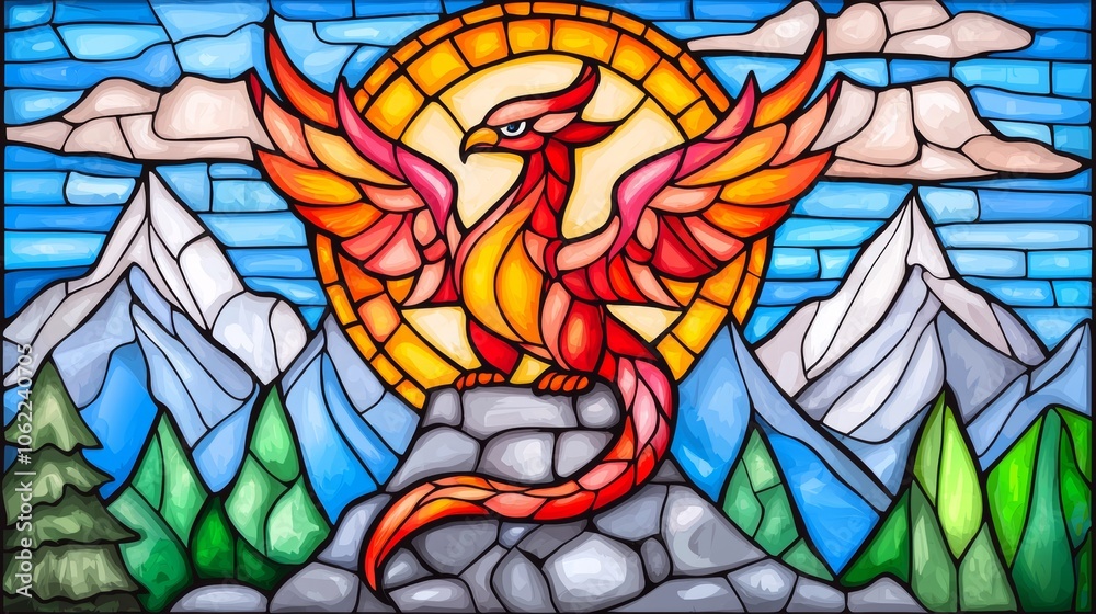 In a vibrant color palette and flowing line, this stained glass window depicts a mythical creature, such as a dragon or phoenix. In a vibrant color palette and flowing line, this stained glass window depicts a mythical creature, such as a dragon or phoenix.