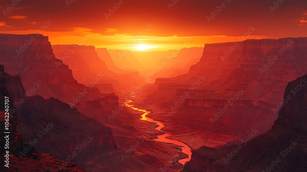 Fototapeta premium A breathtaking view of a canyon at sunset, showcasing vibrant orange and red hues illuminating the landscape, creating a serene and majestic atmosphere.