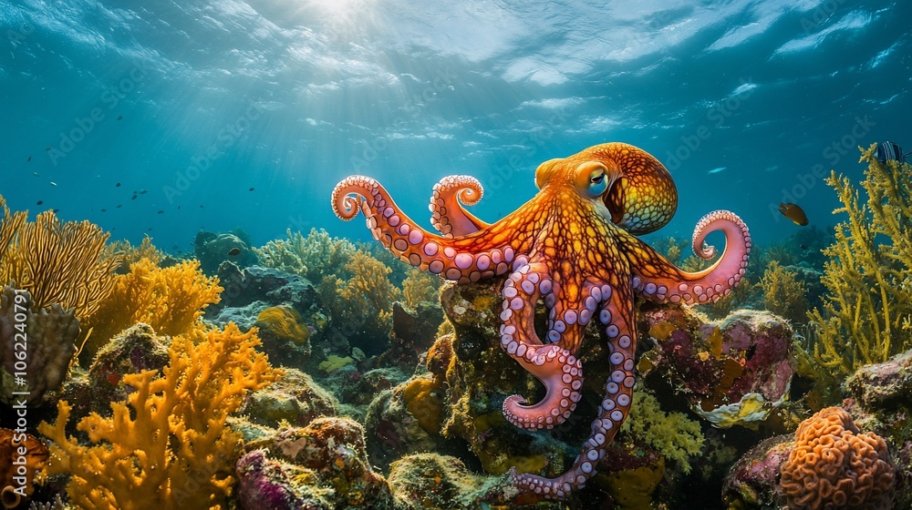 An octopus with its arms outstretched sits on a rocky reef with yellow and orange coral in the background. An octopus with its arms outstretched sits on a rocky reef with yellow and orange coral in the background.