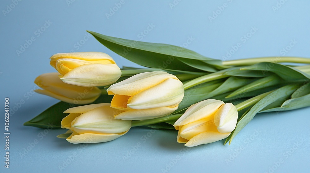 Fototapeta premium A bunch of five yellow tulips on a light blue background.
