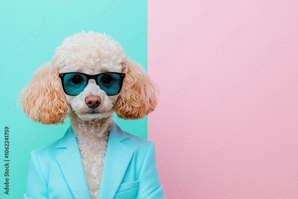 Anthropomorphic friendly Portuguese water dog wearing suit formal business suit pretending to work in regular office area shot on plain color wall Anthropomorphic friendly Portuguese water dog wearing suit formal business suit pretending to work in regular office area shot on plain color wall