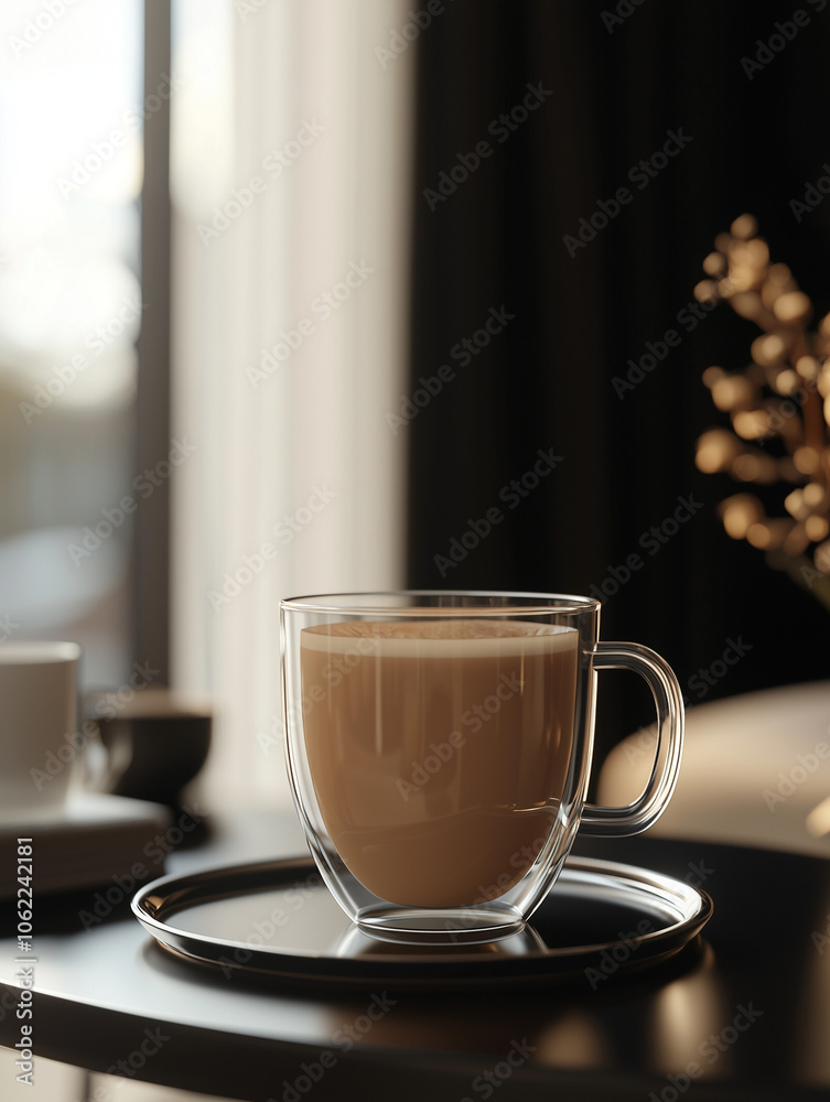 Modern Luxury Coffee Scene: Close-Up of Half-Filled Coffee Cup with Light Brown Milk Tea on Elegant Table, Minimalist Background and Soft Lighting