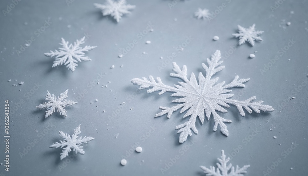 Macro snowflake background, detailed hexagonal snowflakes against cool gray backdrop Macro snowflake background, detailed hexagonal snowflakes against cool gray backdrop