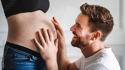 cropped shot of happy man touching belly of pregnant wife at home