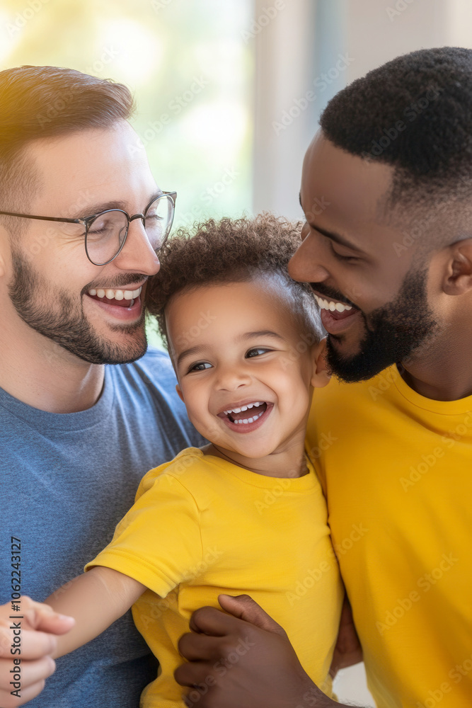 vertical image of Smiling interracial gay couple holding their adopted young son at home