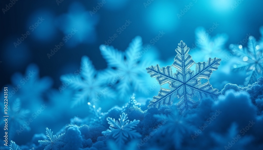 Snowflakes with icy blue glow background, close-up of snowflakes illuminated by faint blue light Snowflakes with icy blue glow background, close-up of snowflakes illuminated by faint blue light