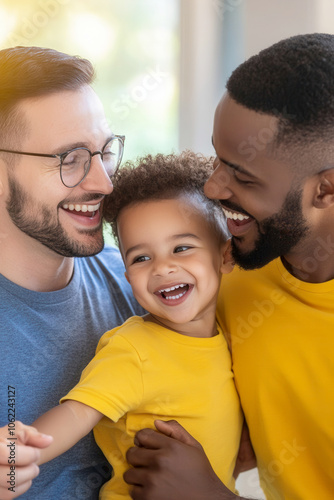 vertical image of Smiling interracial gay couple holding their adopted young son at home