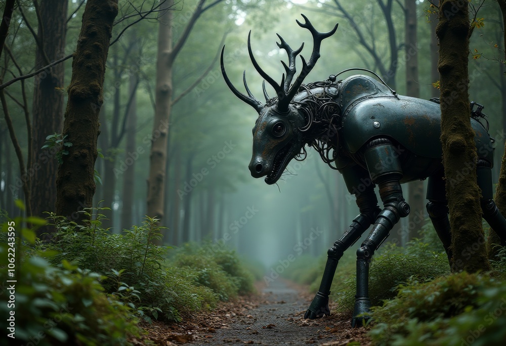 A futuristic robotic deer stands in a misty forest path, showcasing a blend of nature and technology during early morning A futuristic robotic deer stands in a misty forest path, showcasing a blend of nature and technology during early morning
