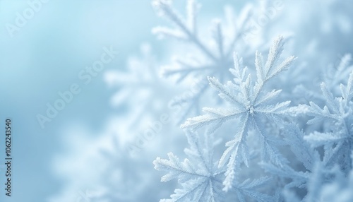 Close-up snowflakes background, intricate crystal patterns in white against soft blue backdrop