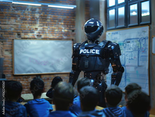 A futuristic police robot equipped with AI instructs students in a classroom, representing the integration of robotics into law enforcement and education.