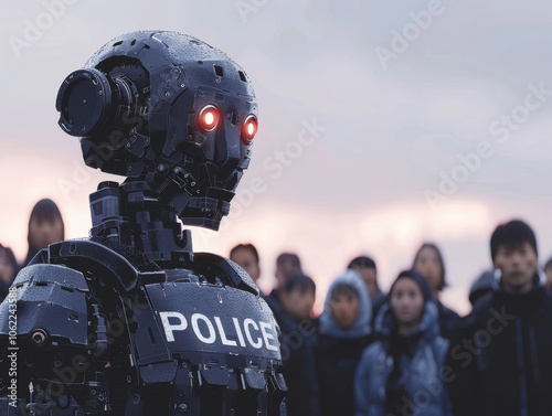 Futuristic AI Police Robot on Duty in a Demonstration with many People in the Street