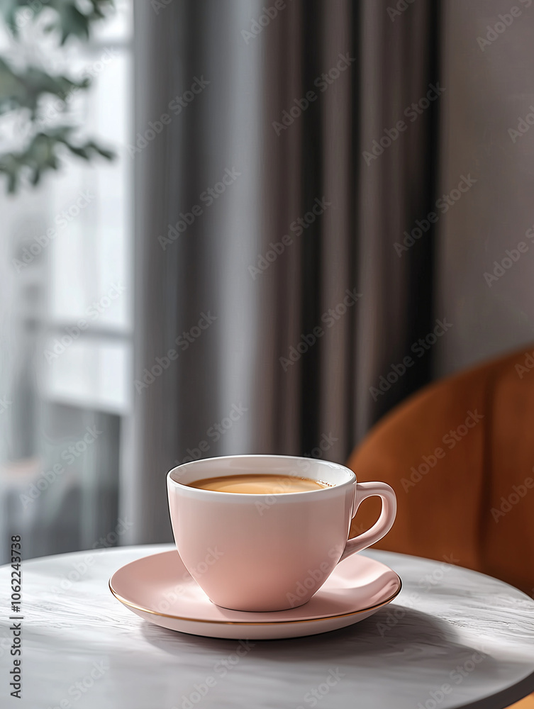 Modern Luxury Coffee Scene: Close-Up of Half-Filled Coffee Cup with Light Brown Milk Tea on Elegant Table, Minimalist Background and Soft Lighting Modern Luxury Coffee Scene: Close-Up of Half-Filled Coffee Cup with Light Brown Milk Tea on Elegant Table, Minimalist Background and Soft Lighting