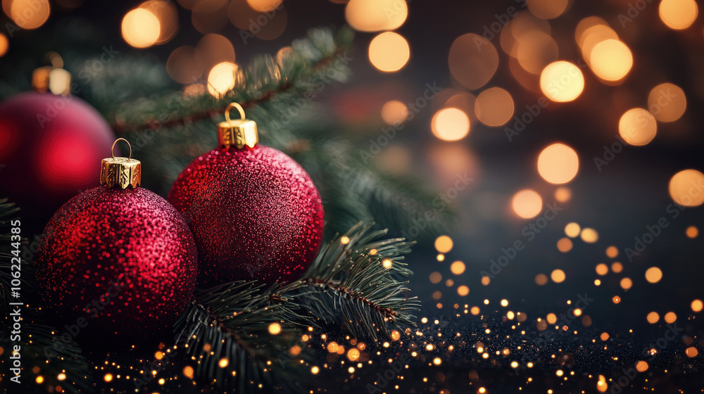 Fototapeta premium A festive Christmas scene with red ornaments hanging on a pine branch, adorned with shimmering glitter and surrounded by warm, twinkling lights. Postcard, festive background, copy space.