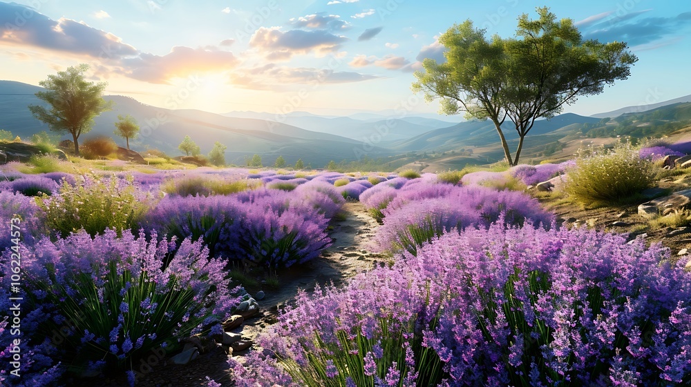 Fototapeta premium Lavender Field in Bloom, Capturing Natural Beauty and Fragrant Atmosphere 